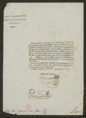 [Letter from Simon de Castro to the Laredo Ayuntamiento, April 1, 1834]