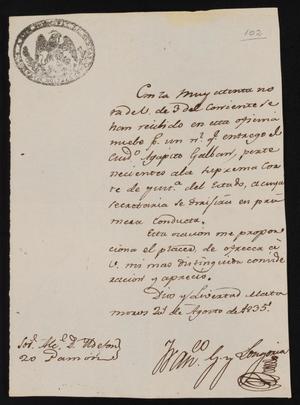 Primary view of [Letter from Francisco Longoria to the Laredo Alcalde, August 21, 1835]