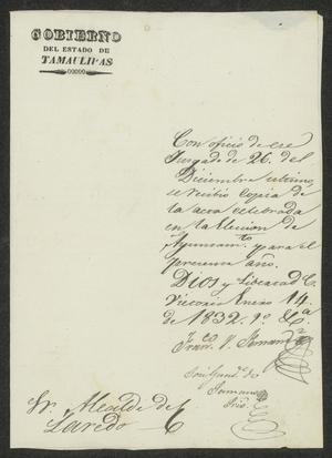 [Letter from the Governor to the Laredo Alcalde, January 14, 1832]
