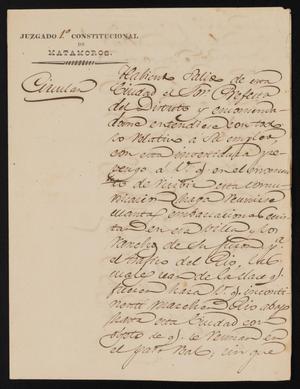 Primary view of object titled '[Circular from Pedro de la Garza to the Laredo Justice of the Peace, October 11, 1840]'.