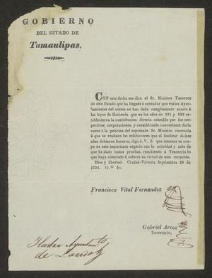 [Printed Circular from Francisco Vital Fernandez to the Laredo Alcalde, November 5, 1834]