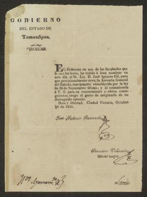 Primary view of [Printed Circular from José Antonio Fernández to the Laredo Ayuntamiento, October 10, 1834]
