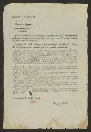 Primary view of object titled '[Circular Number 48 from the Tamaulipas Congress]'.