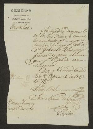 Primary view of object titled '[Letter from the Governor of Tamaulipas to the Laredo Ayuntamiento, February 2, 1833]'.