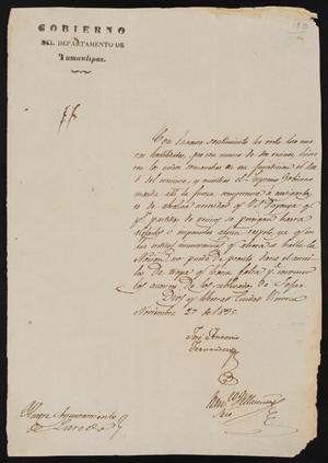 [Letter from Governor Fernández to the Laredo Ayuntamiento, November 27, 1835]