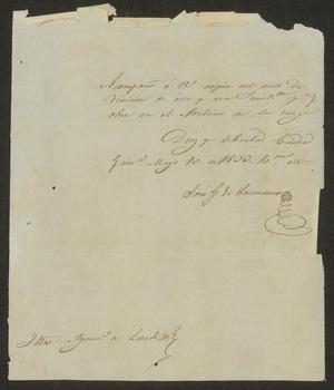 Primary view of object titled '[Note from José Guadalupe de Samano to the Laredo Ayuntamiento, May 10, 1833]'.