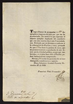 [Letter from Francisco Vital Fernandez to the Laredo Ayuntamiento, December 27, 1829]