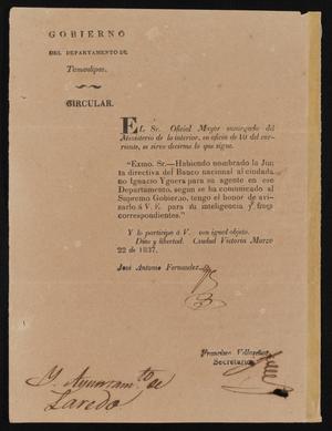 Primary view of object titled '[Printed Circular the Governor to the Laredo Ayuntamiento, March 22, 1837]'.
