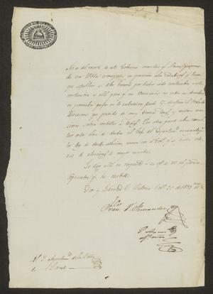 [Letter from Governor Fernandez to the Laredo Alcalde, October 20, 1833]