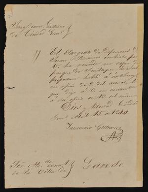 [Letter from Yanuario Gutierrez to the Laredo Alcalde, April 15, 1844]