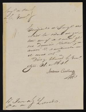 [Letter from Antonio Cuellar to the Laredo Justice of the Peace, August 31, 1841]
