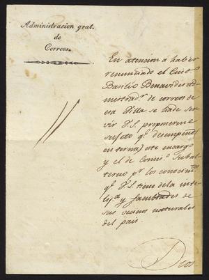 Primary view of object titled '[Announcement from the Administrator of Postal Service to the Laredo Ayuntamiento, February 22, 1827]'.