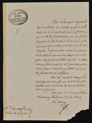 [Letter from Salvador Apodaca to the Laredo Ayuntamiento, February 29, 1844]