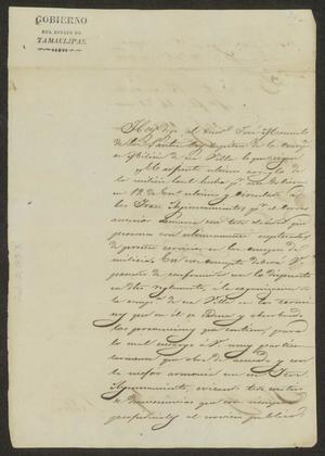 Primary view of object titled '[Letter from the Governor of Tamaulipas to the Ayuntamiento, February 2, 1833]'.