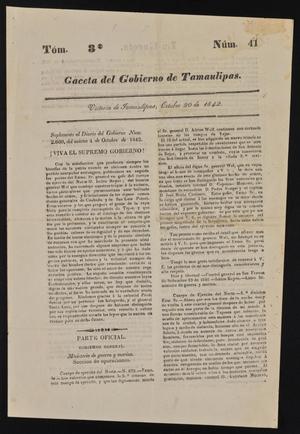 Primary view of object titled 'Gaceta del Gobierno de Tamaulipas, Tomo 3, Número 41, Octubre 20 de 1842'.