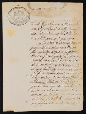 [Letter from Sebastian Quintanilla to Justice of the Peace Ramón, October 5, 1838]