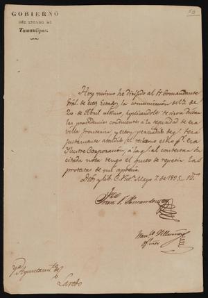 [Letter from Governor Fernandez to the Laredo Alcalde, May 7, 1835]