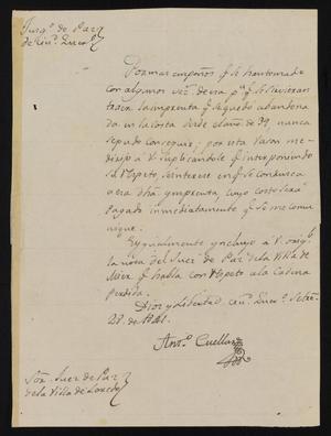 [Letter from Antonio Cuellar to the Laredo Justice of the Peace, September 28, 1841]