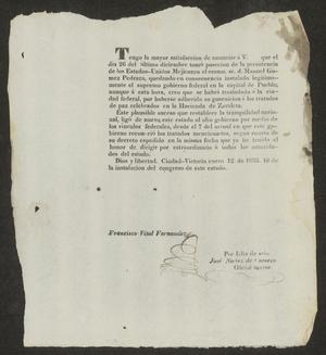 [Letter from the Governor of Tamaulipas to the Laredo Ayuntamiento, January 12, 1833]