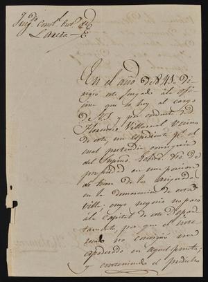 Primary view of object titled '[Letter from Agapito Galván to the Prefect of the District, October 15, 1844]'.