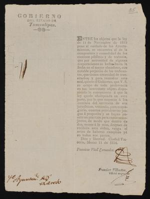 Primary view of object titled '[Letter from Governor Fernandez to the Laredo Ayuntamiento, March 11, 1835]'.