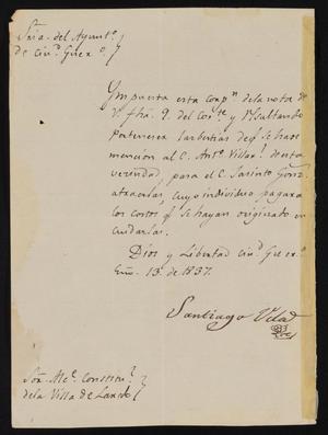 [Letter from Santiago Vela to the Laredo Alcalde, January 13, 1837]