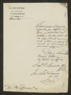 Primary view of object titled '[Letter from the Governor of Tamaulipas to the Laredo Alcalde, January 8, 1833]'.