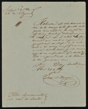 [Letter from Juan Margan to the Laredo Ayuntamiento, April 24, 1844]