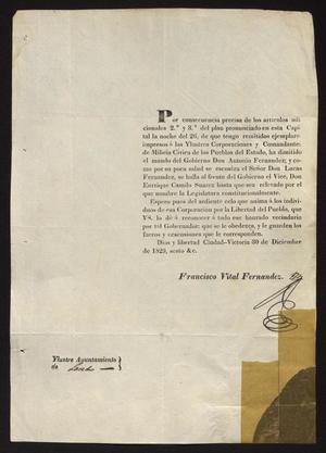 [Letter from Francisco Vital Fernandez to the Laredo Ayuntamiento, December 30, 1829]