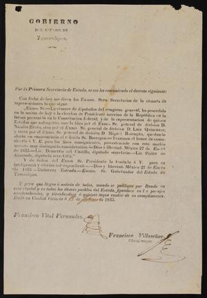 Primary view of object titled '[Statement from Governor Fernandez to the Laredo Ayuntamiento, February 15, 1835]'.
