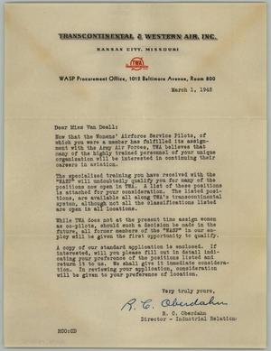 Primary view of object titled '[Letter from Transcontinental and Western Air Incorporated to Suzette Van Daell, March 1, 1945]'.