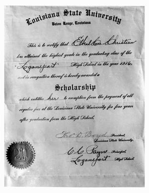 Louisiana State University Scholarship Awarded to Ethel Christian in 1916