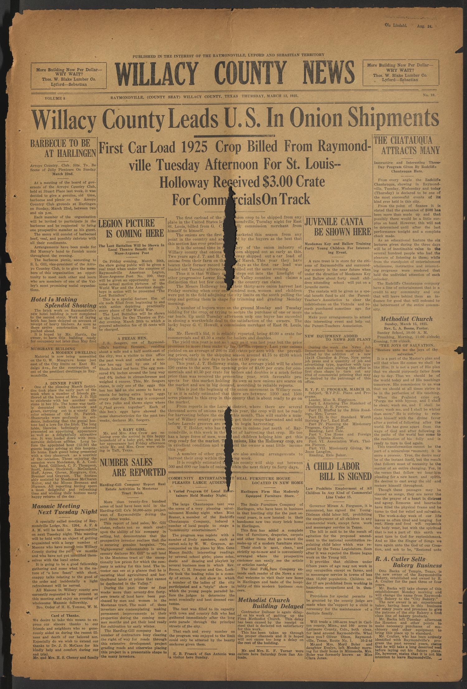 Willacy County News (Raymondville, Tex.), Vol. 8, No. 10, Ed. 1 Thursday, March 12, 1925
                                                
                                                    [Sequence #]: 1 of 8
                                                