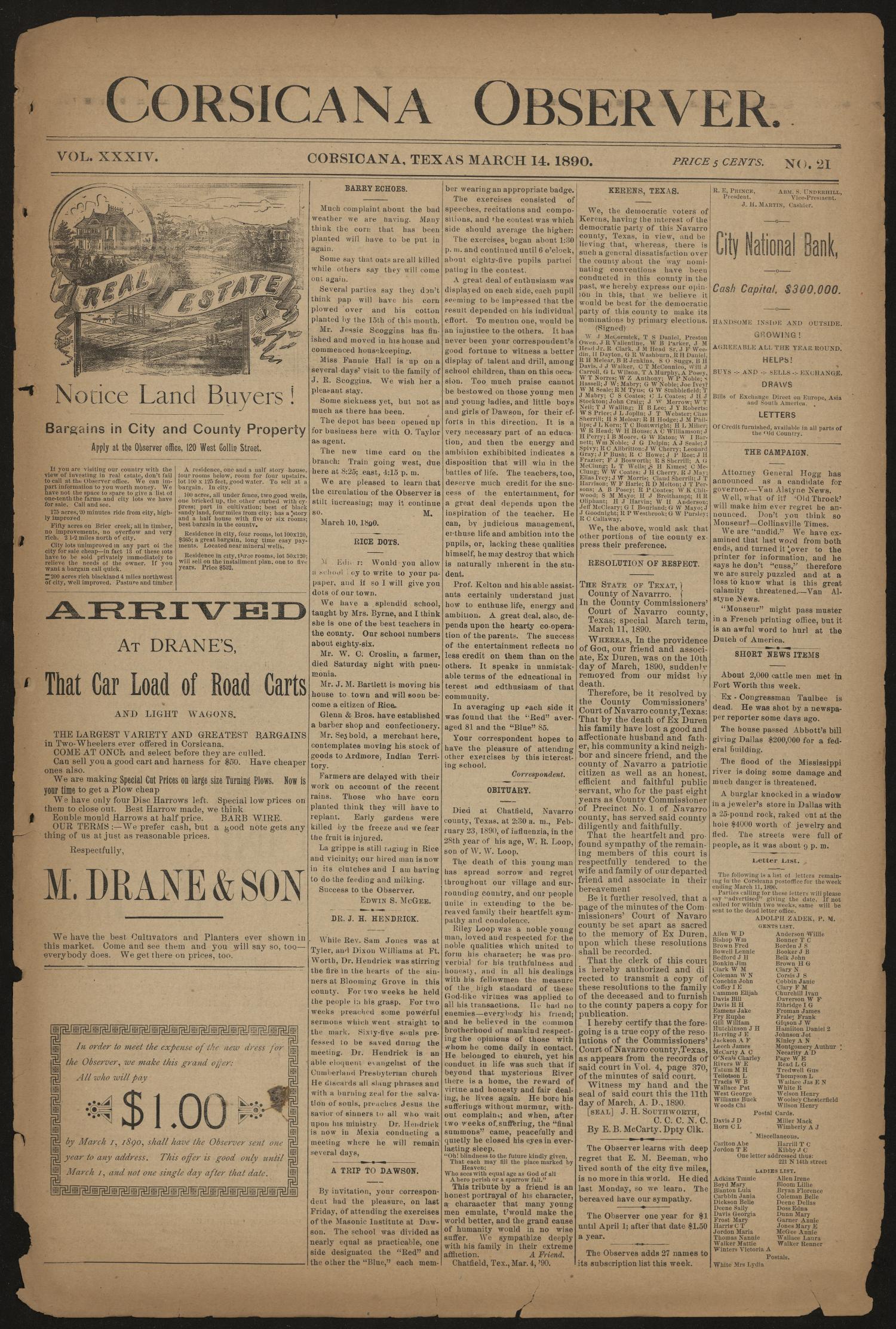 Corsicana Observer. (Corsicana, Tex.), Vol. 34, No. 21, Ed. 1 Friday, March 14, 1890
                                                
                                                    [Sequence #]: 1 of 8
                                                