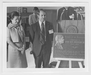 [Photograph of Mrs. Lyndon Johnson with Shepperd Memorial Plaque]