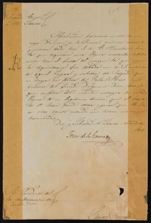 Primary view of object titled '[Letter from Jesus de la Garza to the Laredo Mayor, November 2, 1858]'.