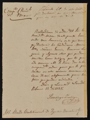[Letter from Santiago Zúñiga to Alcalde Dovalina, February 11, 1845]