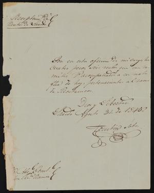 [Letter from Tax Collector Agustin Soto to Alcalde Ramón, August 31, 1845]