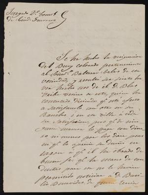 Primary view of object titled '[Letter from Juzgado Santiago Vela to Alcalde García, November 5, 1846]'.