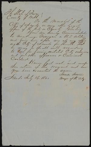 Primary view of object titled '[Arrest Warrant: Finigan]'.