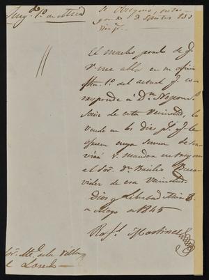 Primary view of object titled '[Letter from Juzgado Martinez to the Laredo Alcalde, May 8, 1845]'.