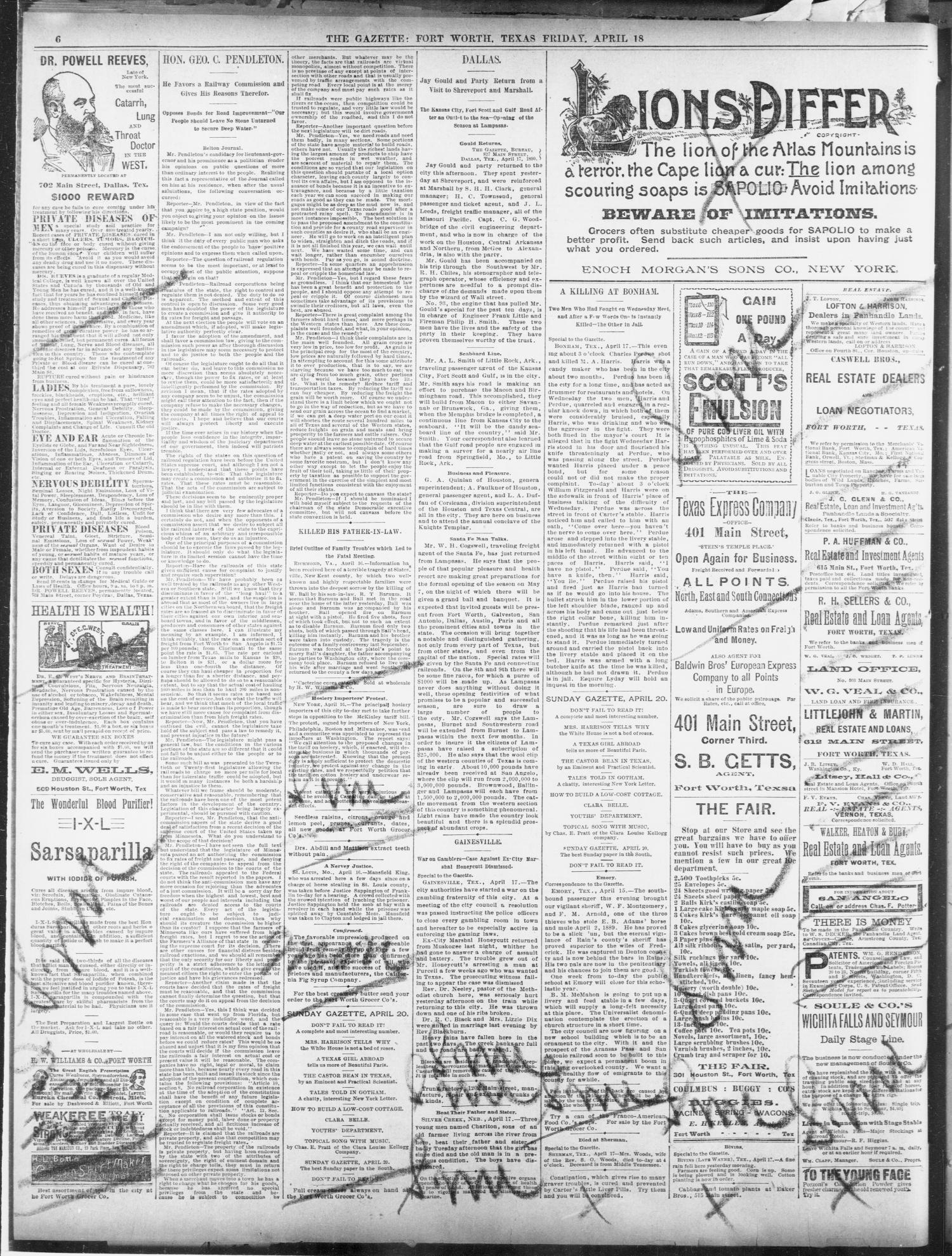 Fort Worth Daily Gazette. (Fort Worth, Tex.), Vol. 14, No. 188, Ed. 1, Friday, April 18, 1890
                                                
                                                    [Sequence #]: 6 of 8
                                                