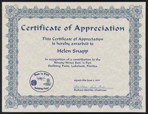 [Certificate of Appreciation for Helen Snapp]