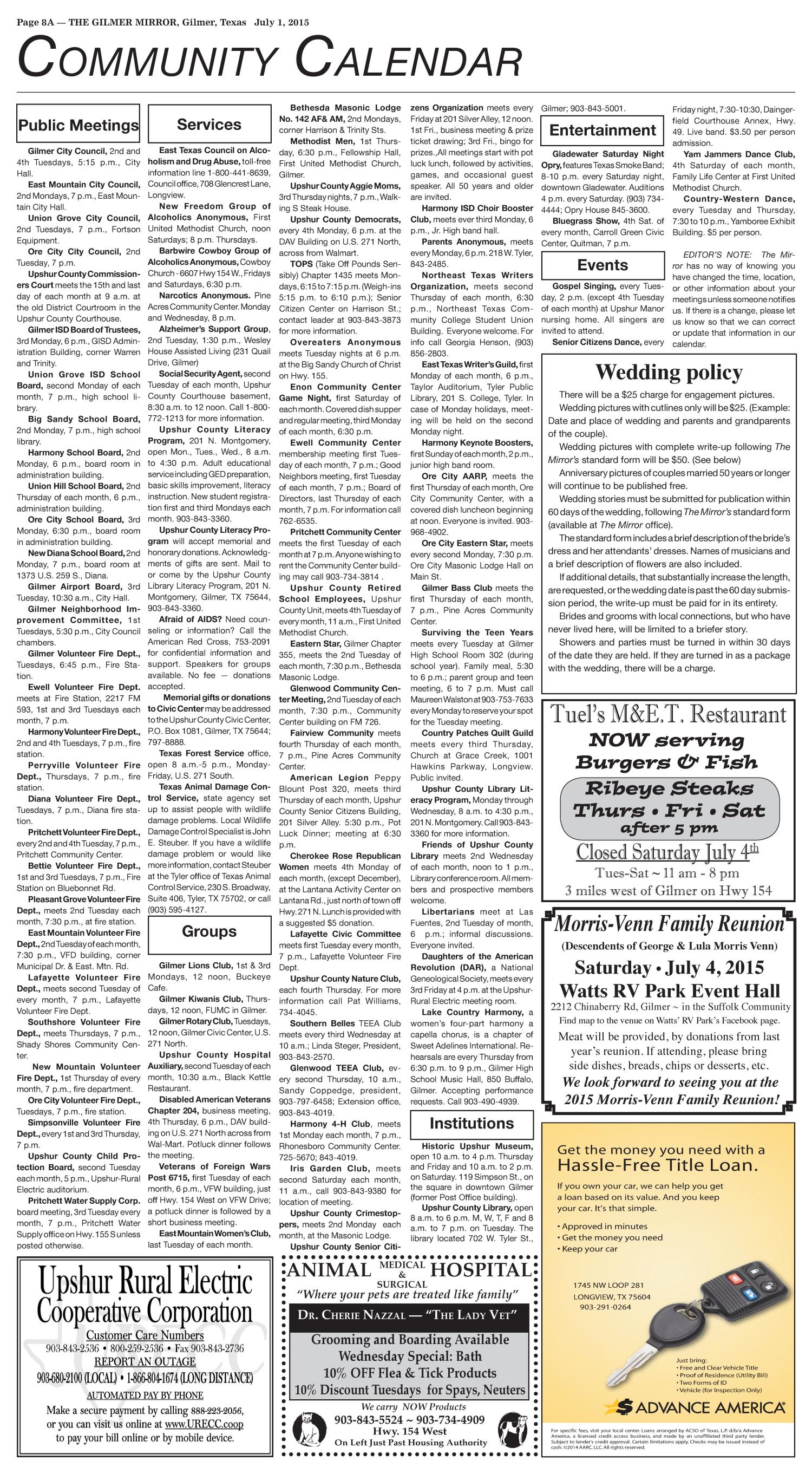 The Gilmer Mirror (Gilmer, Tex.), Vol. 138, No. 52, Ed. 1 Wednesday, July 1, 2015
                                                
                                                    [Sequence #]: 8 of 10
                                                