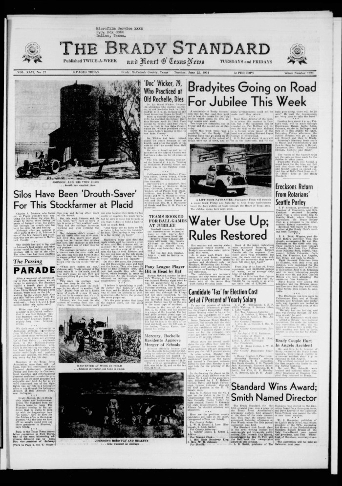 The Brady Standard and Heart Texas News (Brady, Tex.), Vol. 46, No. 27, Ed. 1 Tuesday, June 22, 1954 The Portal to History