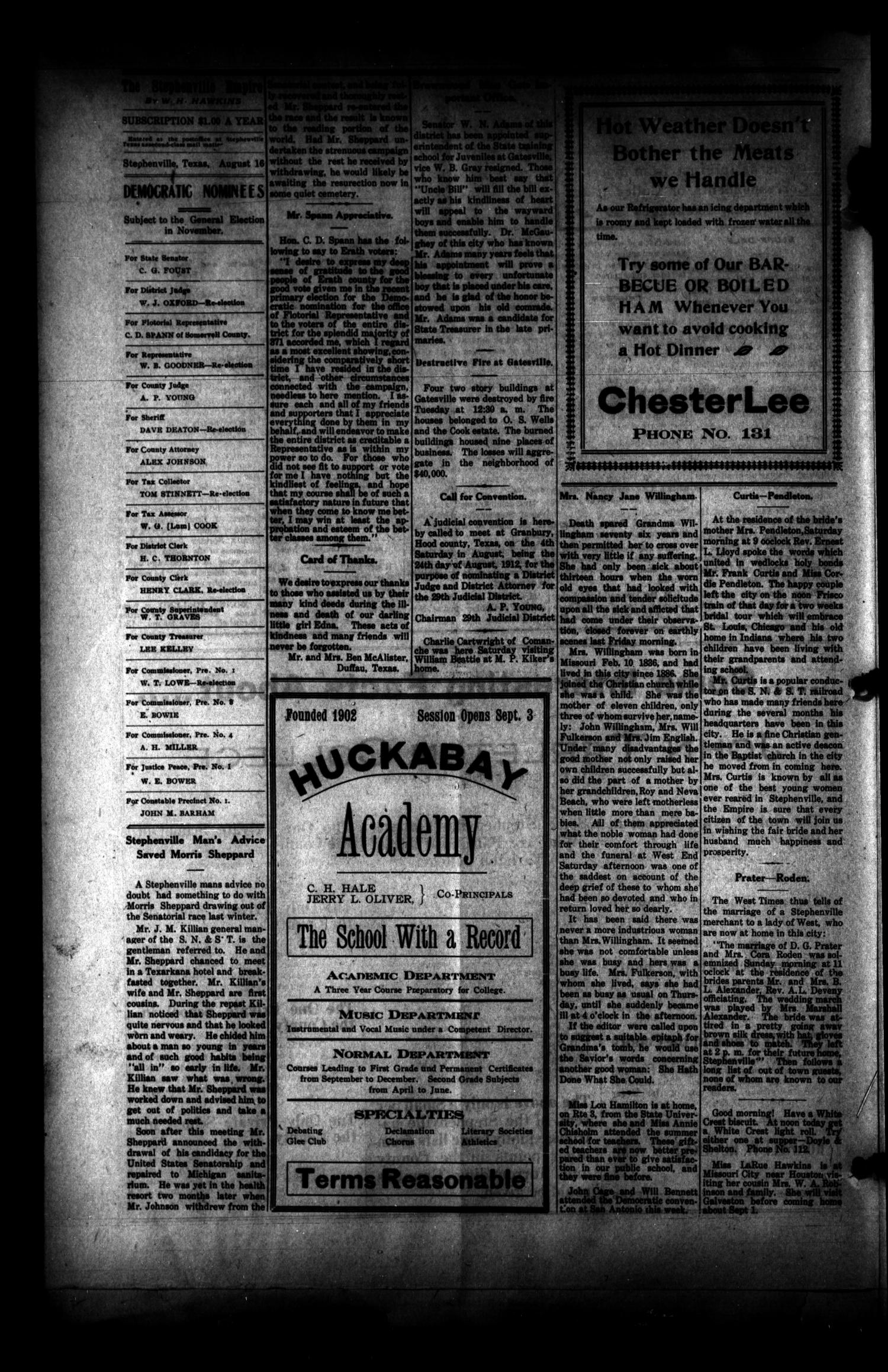 The Stephenville Empire. (Stephenville, Tex.), Vol. 40, No. 49, Ed. 1 Friday, August 16, 1912
                                                
                                                    [Sequence #]: 4 of 8
                                                