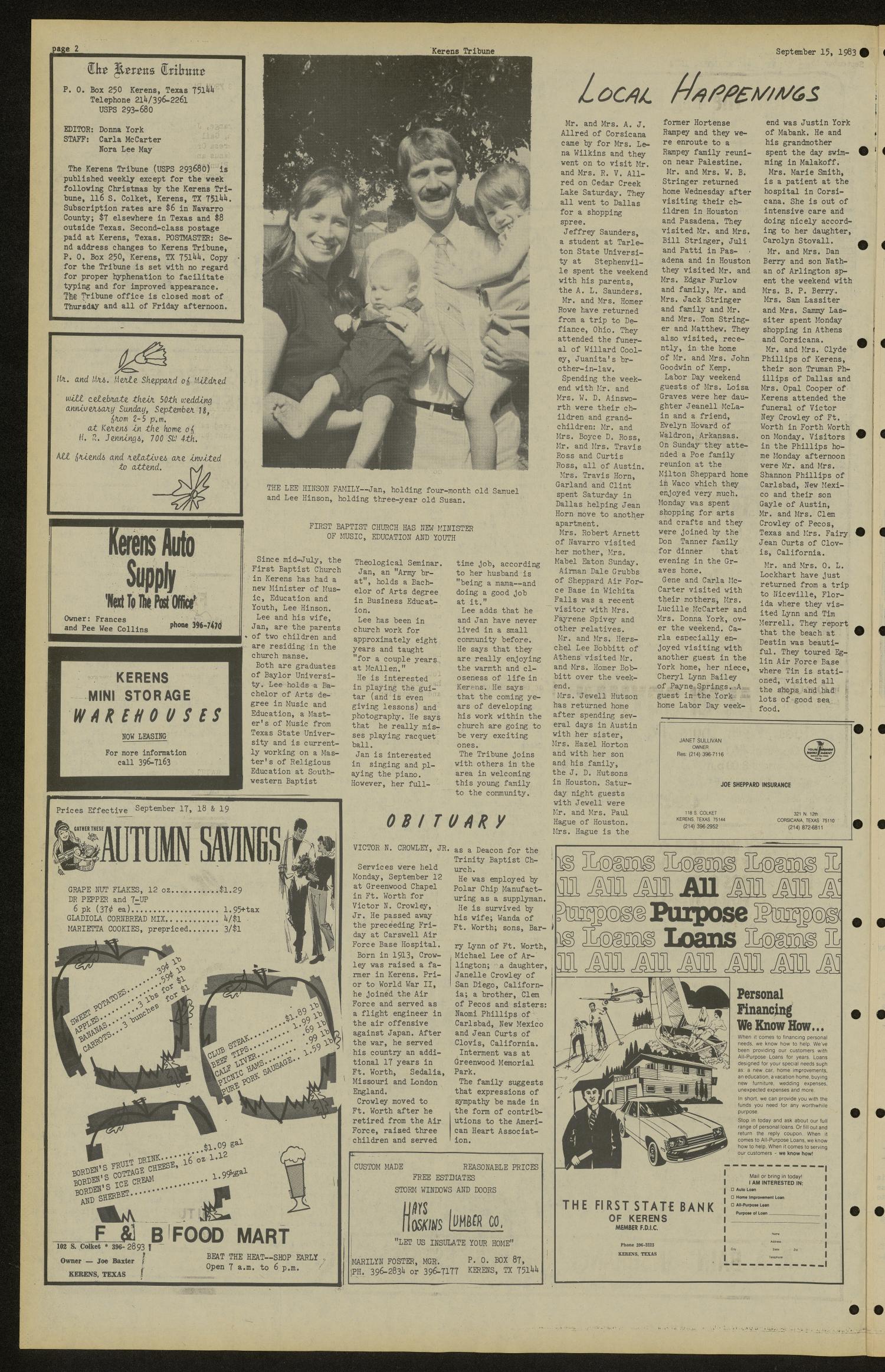 The Kerens Tribune (Kerens, Tex.), Vol. 89, No. 37, Ed. 1 Thursday, September 15, 1983
                                                
                                                    [Sequence #]: 2 of 6
                                                