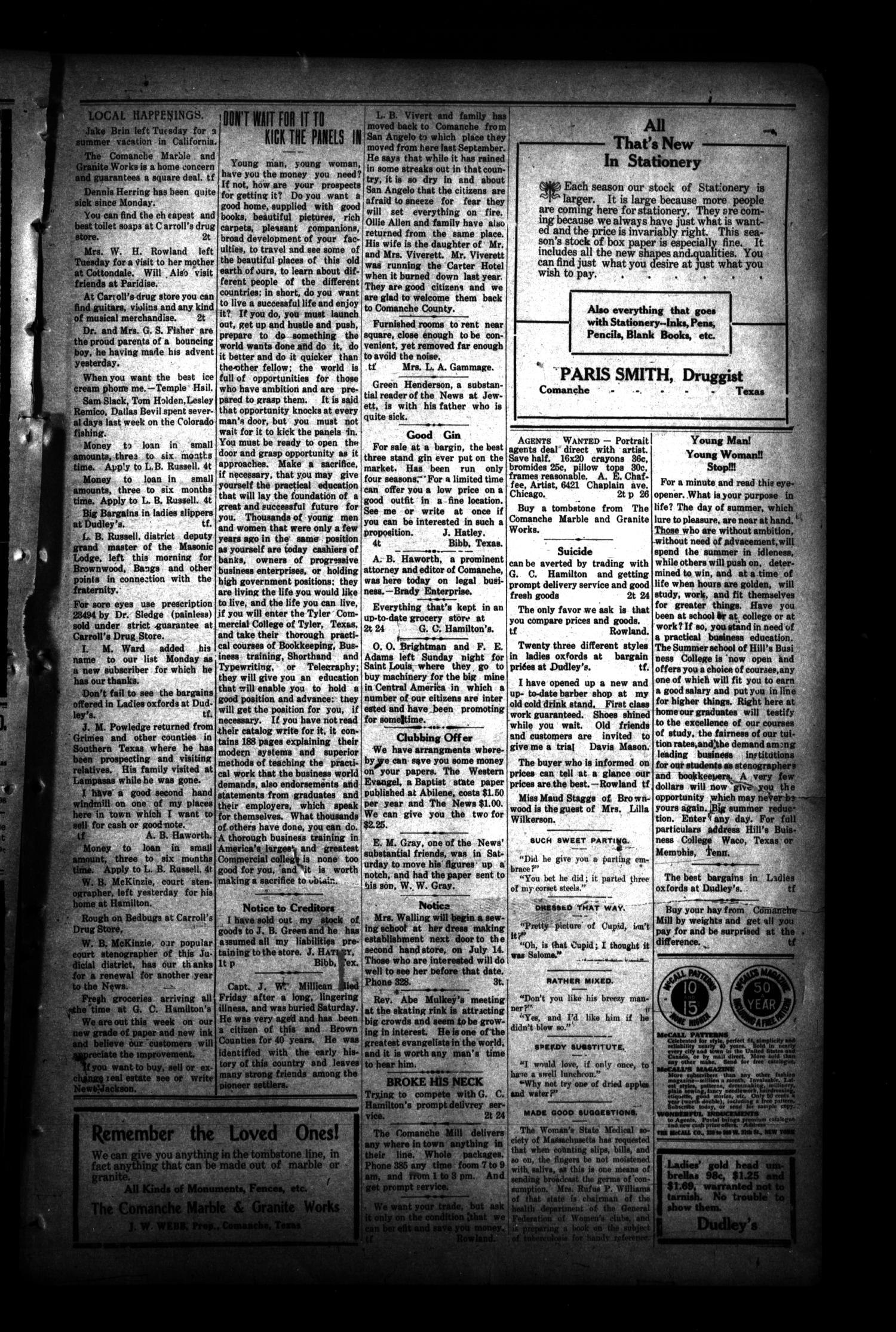The Comanche News (Comanche, Tex.), Vol. 11, No. 27, Ed. 1 Thursday, July 8, 1909
                                                
                                                    [Sequence #]: 5 of 8
                                                