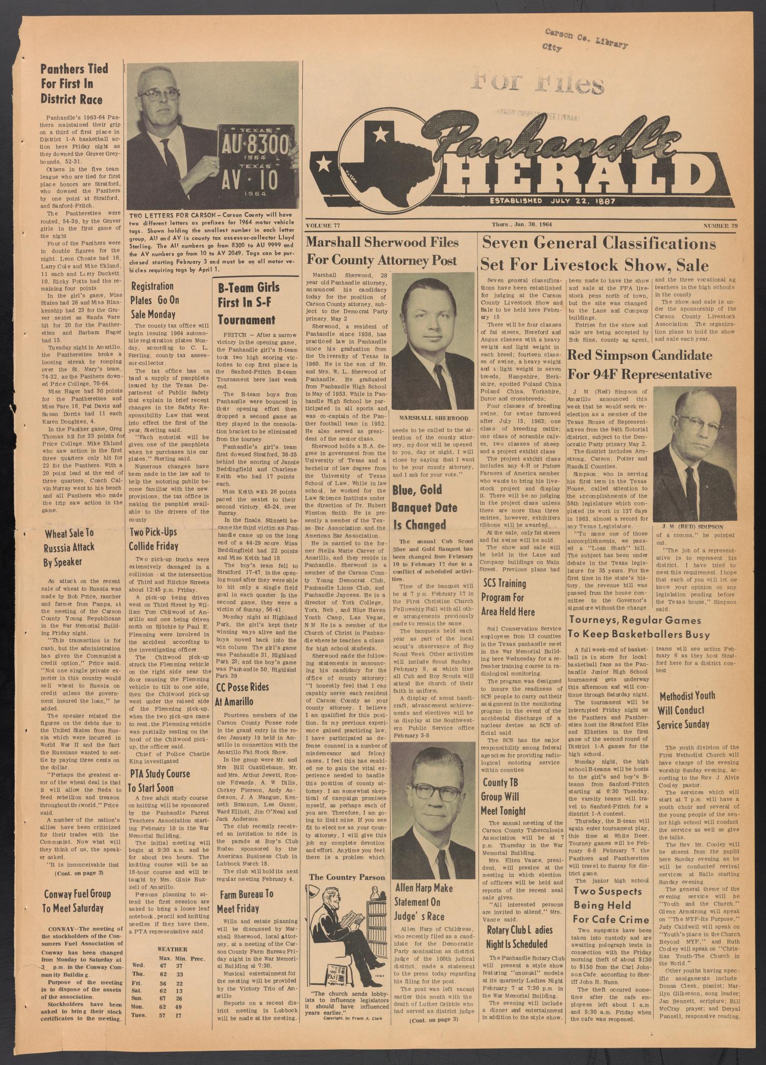 Panhandle Herald (Panhandle, Tex.), Vol. 77, No. 29, Ed. 1 Thursday, January 30, 1964
                                                
                                                    [Sequence #]: 1 of 4
                                                