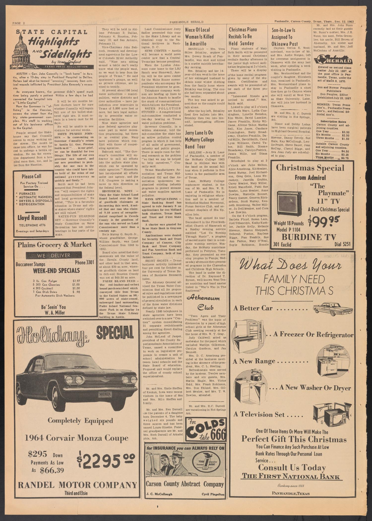 Panhandle Herald (Panhandle, Tex.), Vol. 77, No. 22, Ed. 1 Thursday, December 12, 1963
                                                
                                                    [Sequence #]: 2 of 8
                                                